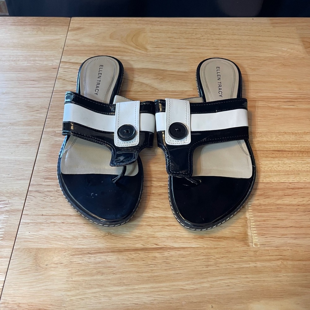 Ellen Tracy Selina Black White Colorblock Patent Slide Sandals Womens 10M Flat